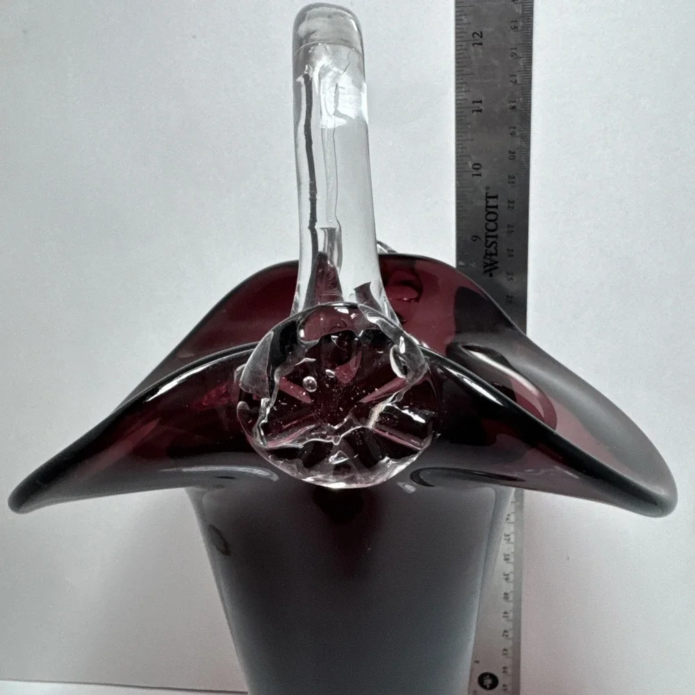 Vintage Purple and Clear Handblown Glass‎ Basket Vase 12 Inches